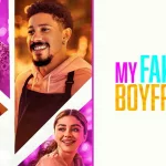 A horizontal promo image for the movie "My fake boyfriend", which was released in 2022. On the left half, are 4 pictures of the actors, which make up a square. Left bottom is an orange triangle with the characters Rafi and Nico. Above, top left corner, is a pink quadrangle with Cole Sprouse's character Jake. Right next to it, a big orange quadrangle with Keiynan's character Andrew. And bottom right corner is a pink triangle with Sarah's character Kelly. The right half is a white background with the title in capslog font, placed in the vertical middle. "MY" in pink, "FAKE" in bright blue, and "BOYFRIEND" in orange.