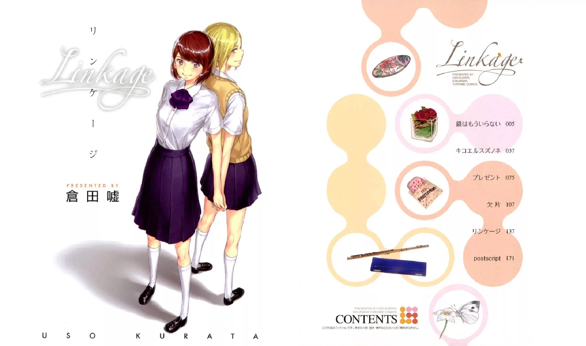 Two images. The left is the front cover of "Linkage". The right shows the contents of the Manga (chapter titles and symbols/items of each).