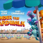 A horizontal version of the cover of “under the boardwalk" from 2023. On the right it shows a sun umbrella where the 5 main characters (3 land crabs (Armen, Bobby & Manny) on the right and 2 water crabs (Ramona & Mako) on the left) are holding onto the pole. Armen is looking into the camera. On the left is the title in orange bold font, above the voice actor names of the 3 main characters: Keke Palmer, Michael Cera, Bobby Cannavale. The background is a landscape of the beach with more sun umbrellas and the theme park in the far back. The sky is blue and the sun is shining in the top right corner.