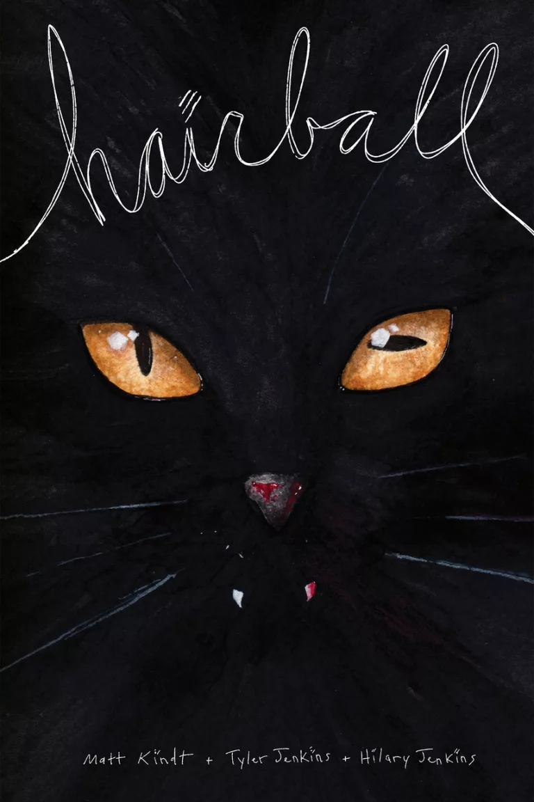 The front cover of "hairball" – a black cover with the face of a cat in the middle. Orange eyes and a bit of blood on its teeth.