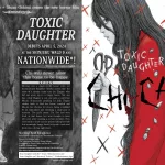 On the left, the back cover. Text from top to bottom: "From Eisuke Naito (director) + Shuzo Oshimi comes the new horror film (character designer). TOXIC DAUGHTER. DEBUTS APRIL 5, 2024 AT THE SHINJUKU WALD 9 AND NATIONWIDE*! *Not currently available in English." "Chi will never allow this home to be happy. STORY: Moving into a single-family house with her husband and daughter Moeka seems like the start of a dream come true for Hagino, who did not grow up in a happy home. But one day. while Hagino is out, she gets a call from Moeka, desperately pleading for help. Hagino rushes back to find her house trashed and Moeka, her clothes in tatters, being straddled by an unfamiliar girl clutching a large pair of scissors. The girl's name: Chi. She had once lived in that house, but was thought to have left town after causing a certain incident. Now she's back to draw out the poison hiding beneath this seemingly happy family's façade and send them into a living nightmare." "Starring: Aimi Satsukawa Sera Uehara Himena Irei Terunosuke Takeza Directed by: Eisuke Naito "Chi" Character Design by: Shuzo Oshimi Screenplay by: Eisuke Naito and Naruki Matsuhisa Score by: Hisashi Arita Executive Producers: King Records and The Klockworx Distributed by: The Klockworx Toxic Daughter website"": https://dokumusume.com/ Toxic Daughter on X (formerly Twitter)**: @dokumusume_eiga **Japanese-language only" On the right, the front cover. Chi-Chan, the titular character, is seen drawn with a grey pencil, whereas her robe is in a bright red. Her long hair goes beyond the page. She's holding a large scissors and looking warily to the reader. Many X's in red of grey cover the rest of the image, while the background is white. Text: "TOXIC DAUGHTER CHI-CHAN. SHUZO OSHIMI WITH EISUKE NΑΙΤΟ AND THE TOXIC DAUGHTER FILM PARTNERS"