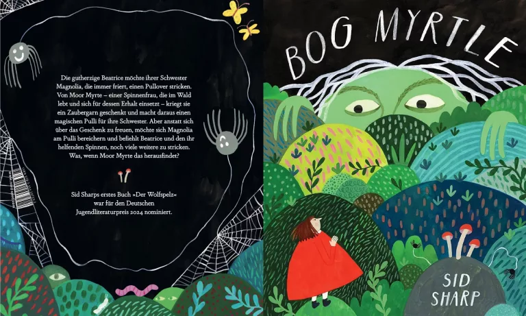 The front cover of "Bog Myrte" by Sid Sharp on the right: Beatrice, in a red dress, a round woman with brown short hair, is standing in the left bottom corner on a hill. She's surrounded by many green to blue hills and trees. The hill at the top looks like a hill, but is actually the green head with two eyes and hands that are holding onto the other hills, looking curiously down to Beatrice. On the left, the german back cover is seen. Text: "Die gutherzige Beatrice möchte ihrer Schwester Magnolia, die immer friert, einen Pullover stricken. Von Moor Myrte – einer Spinnenfrau, die im Wald lebt und sich für dessen Erhalt einsetzt – kriegt sie ein Zaubergarn geschenkt und macht daraus einen magischen Pulli für ihre Schwester. Aber anstatt sich über das Geschenk zu freuen, möchte sich Magnolia am Pulli bereichern und befiehlt Beatrice und den ihr helfenden Spinnen, noch viele weitere zu stricken. Was, wenn Moor Myrte das herausfindet? Sid Sharps erstes Buch »Der Wolfspelz« war für den Deutschen Jugendliteraturpreis 2024 nominiert."