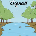 The book cover "When the seasons change" by Mitchéll Sauceda. A river in the middle of a small forest with a clear blue sky in the top half of the image.