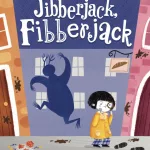 The cover of "Jibberjack, Fibberjack: A Made-Up Monster Mystery" by Stefanie Gamarra and Marta Pilosio. A young child with a yellow coat is standing on a board walk at night, examaning footprints with a glass. Behind her is a shadow of a cutesy monster running.