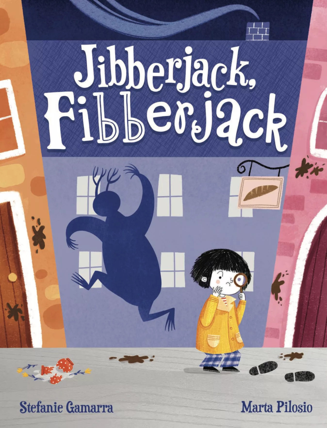 The cover of "Jibberjack, Fibberjack: A Made-Up Monster Mystery" by Stefanie Gamarra and Marta Pilosio. A young child with a yellow coat is standing on a board walk at night, examaning footprints with a glass. Behind her is a shadow of a cutesy monster running.