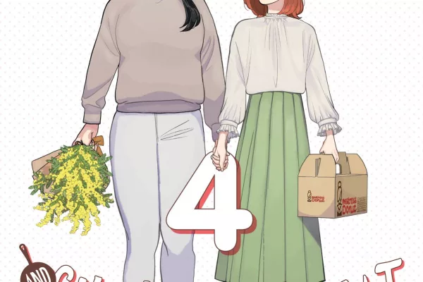 The english manga cover of "she loves to cook, and she loves to eat", volume 4. Nomoto and Kasuga are holding hands.