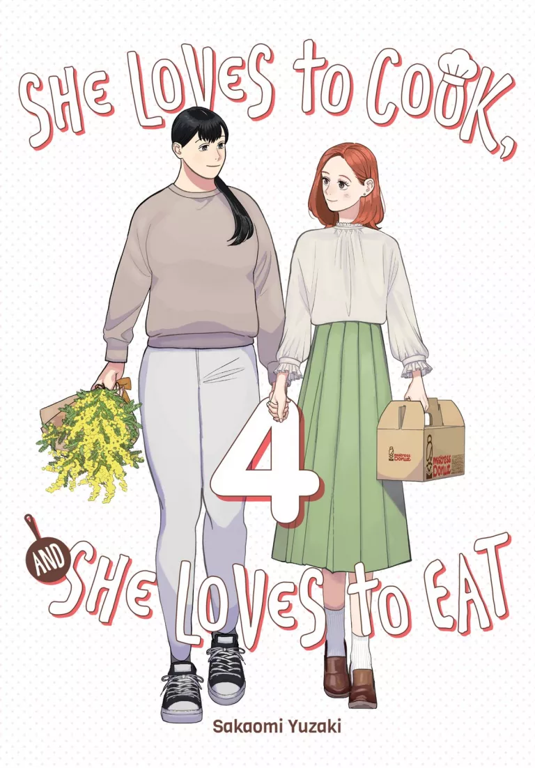 The english manga cover of "she loves to cook, and she loves to eat", volume 4. Nomoto and Kasuga are holding hands.